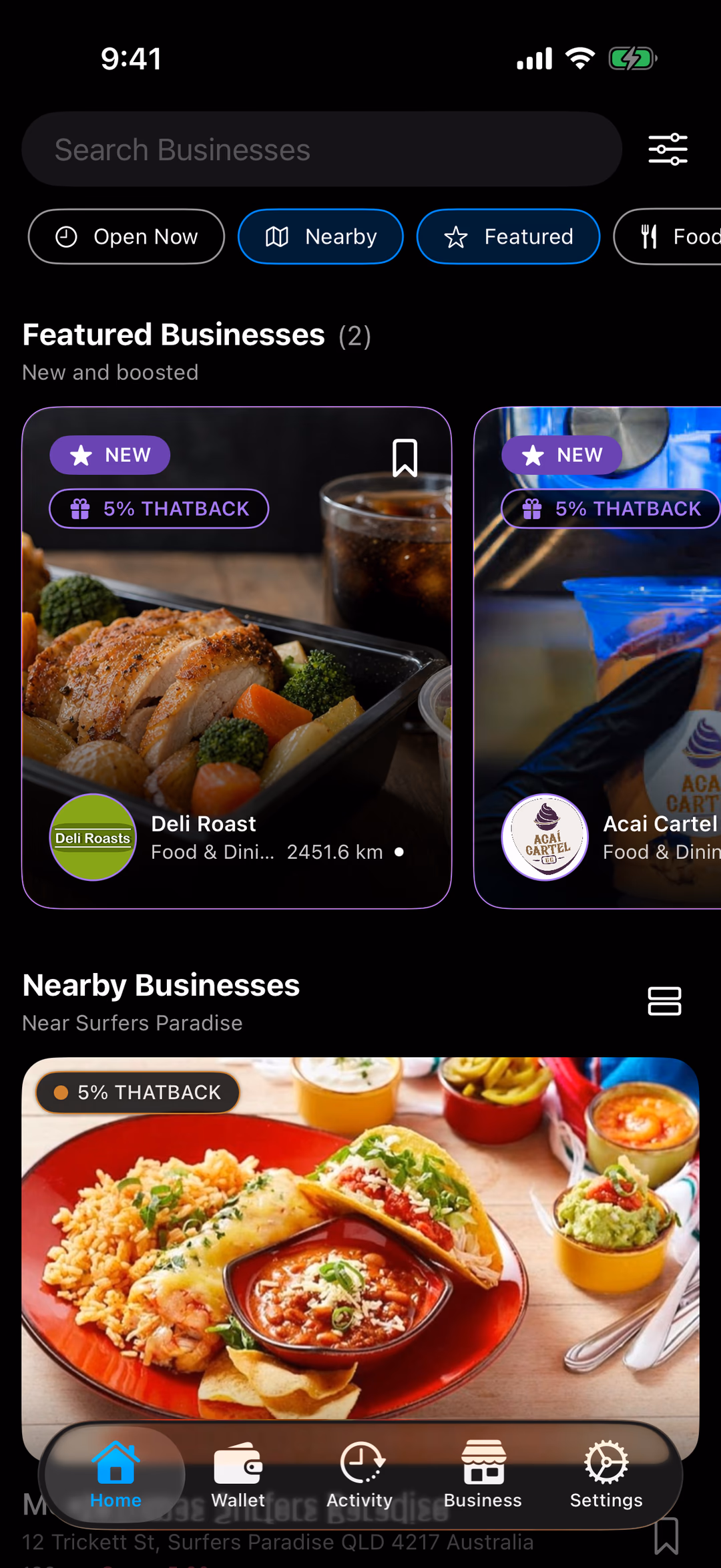 The THAT app's Home tab, with the Wallet tab highlighted