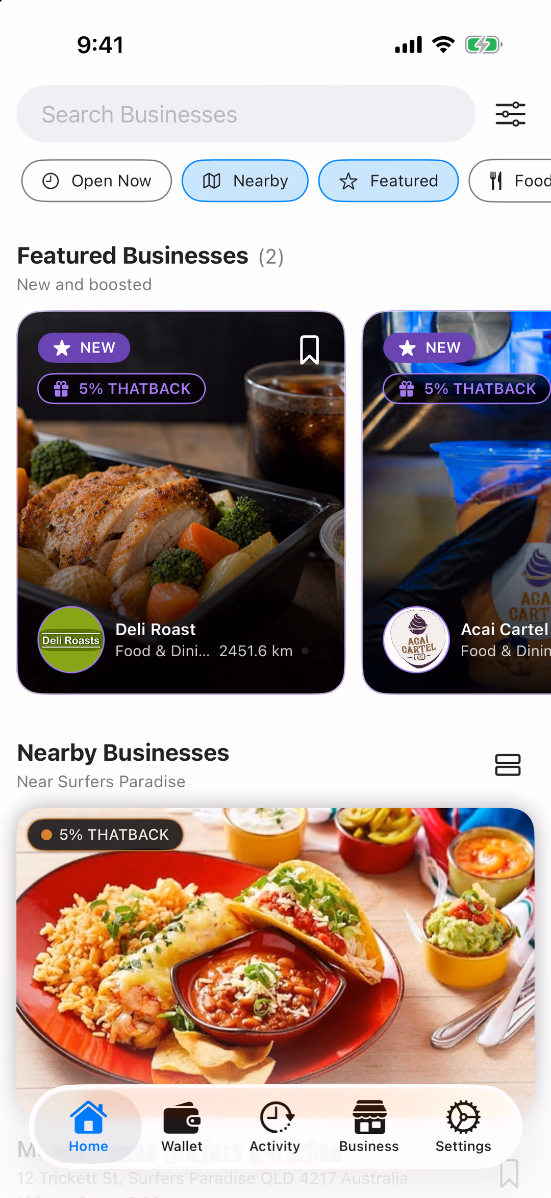 The THAT app's Home tab, with the Wallet tab highlighted