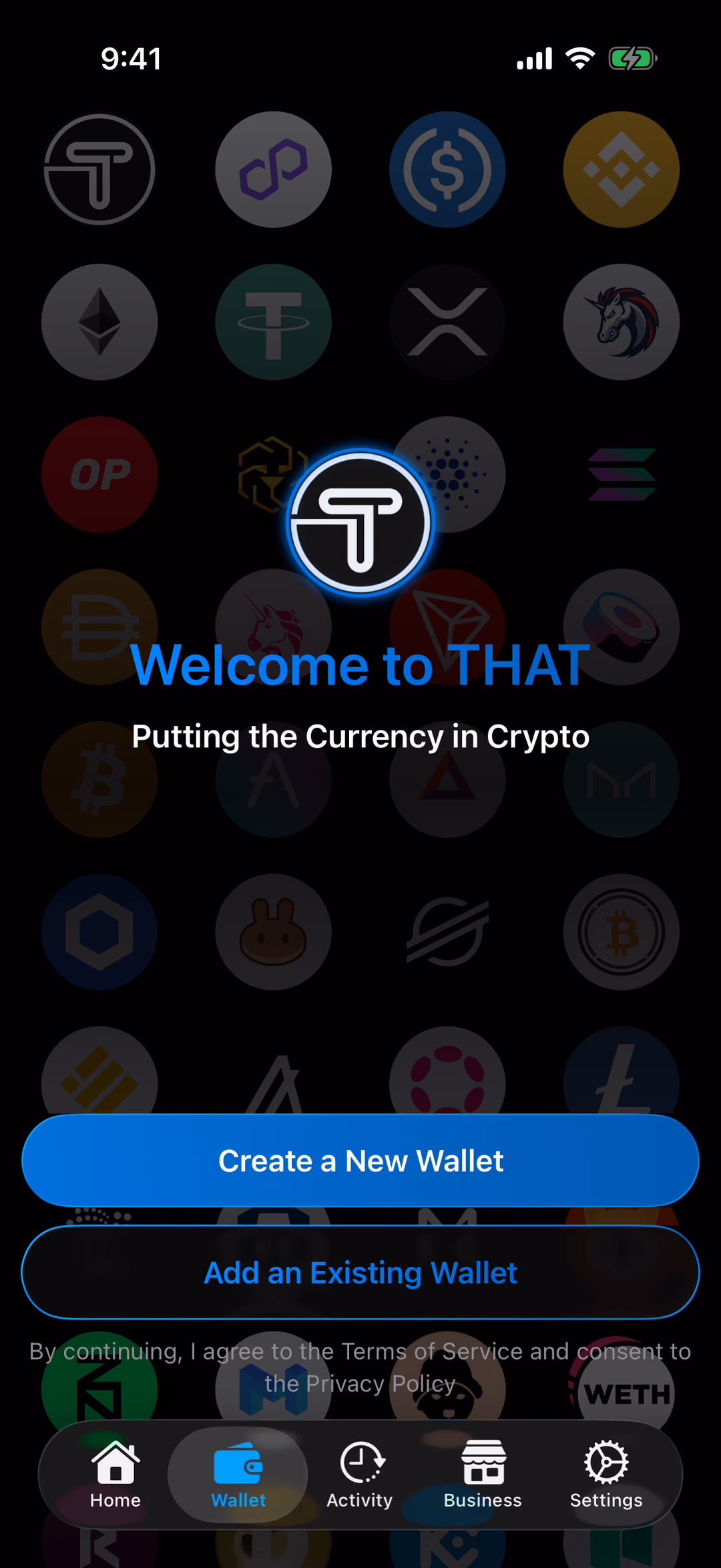 Welcome to THAT, with Create a New Wallet highlighted