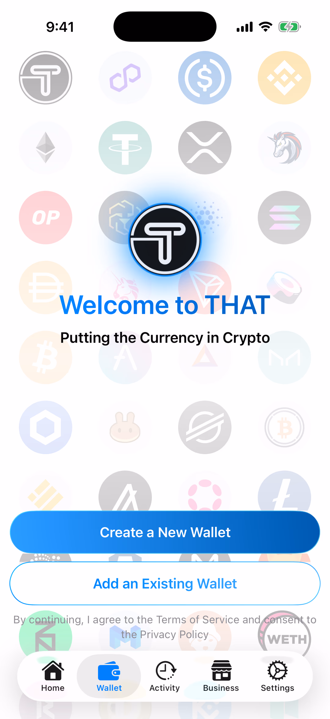 Welcome to THAT, with Create a New Wallet highlighted