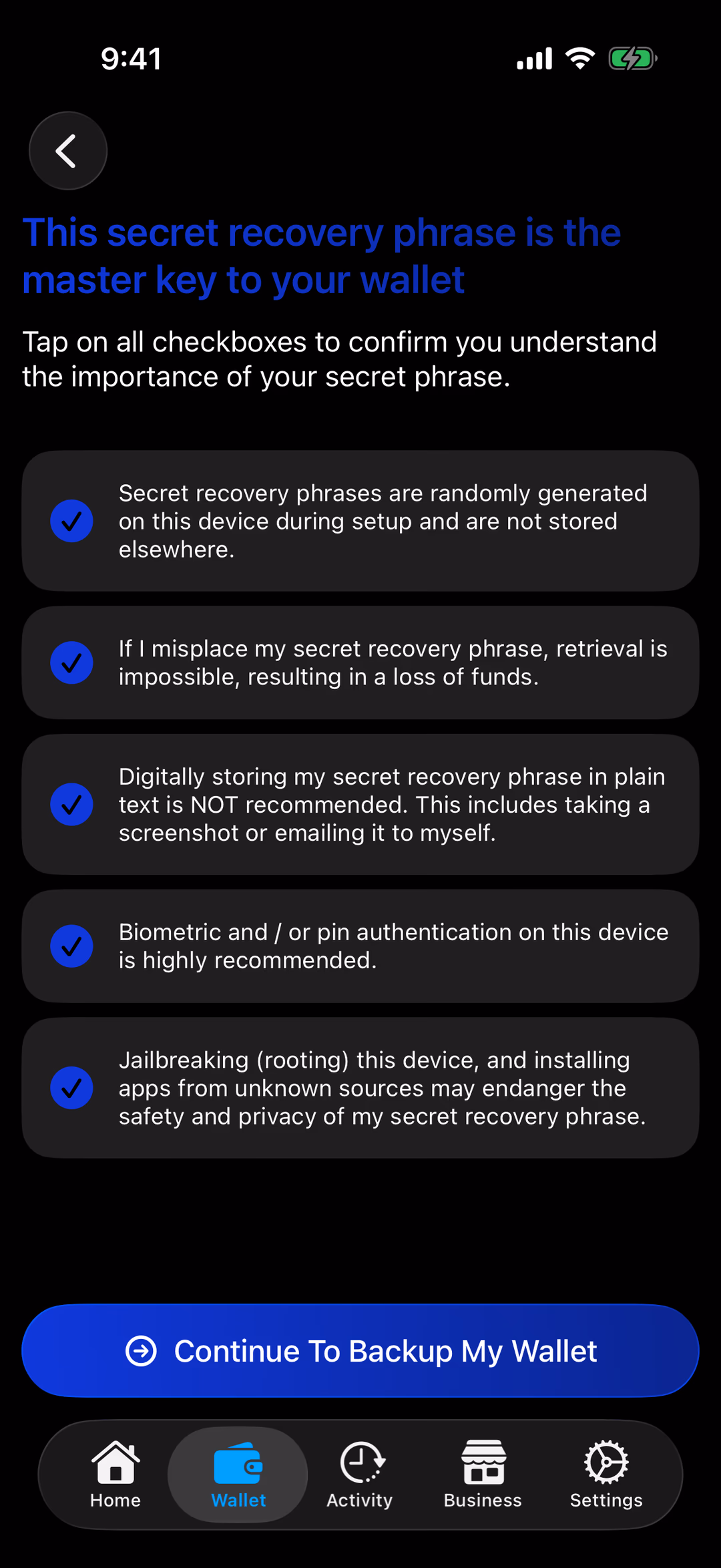 The backup checklist with all five boxes ticked and Continue To Backup My Wallet highlighted