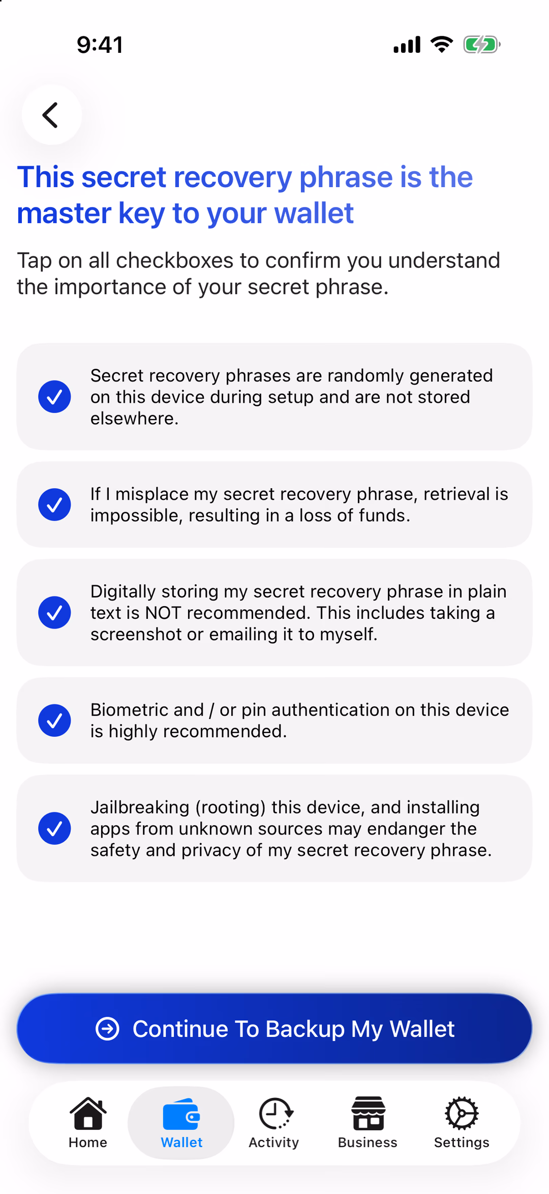 The backup checklist with all five boxes ticked and Continue To Backup My Wallet highlighted