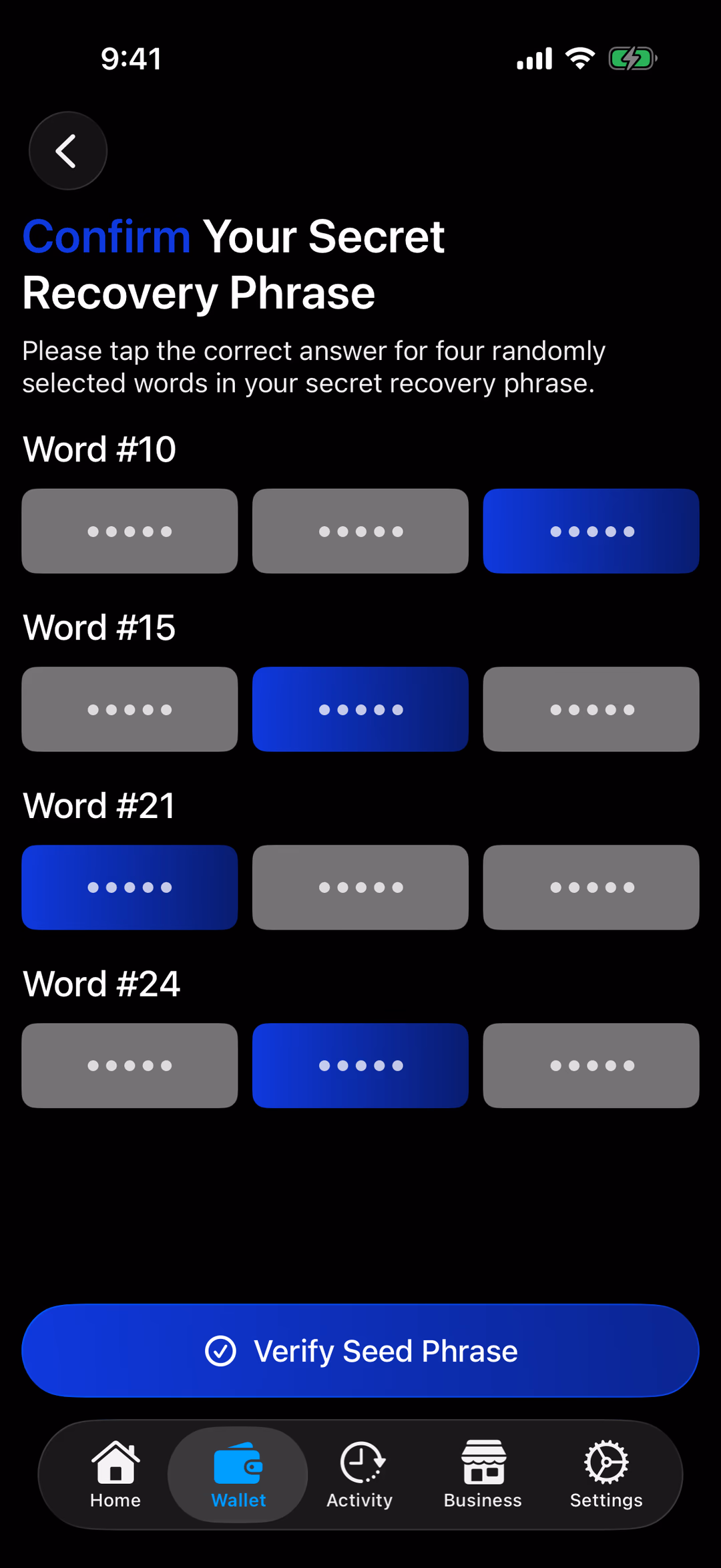 The confirm screen: four numbered words, three choices each (hidden in this picture), and Verify Seed Phrase highlighted
