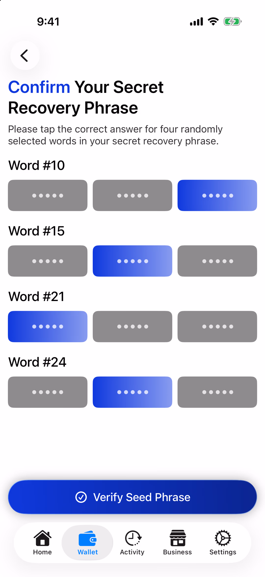 The confirm screen: four numbered words, three choices each (hidden in this picture), and Verify Seed Phrase highlighted
