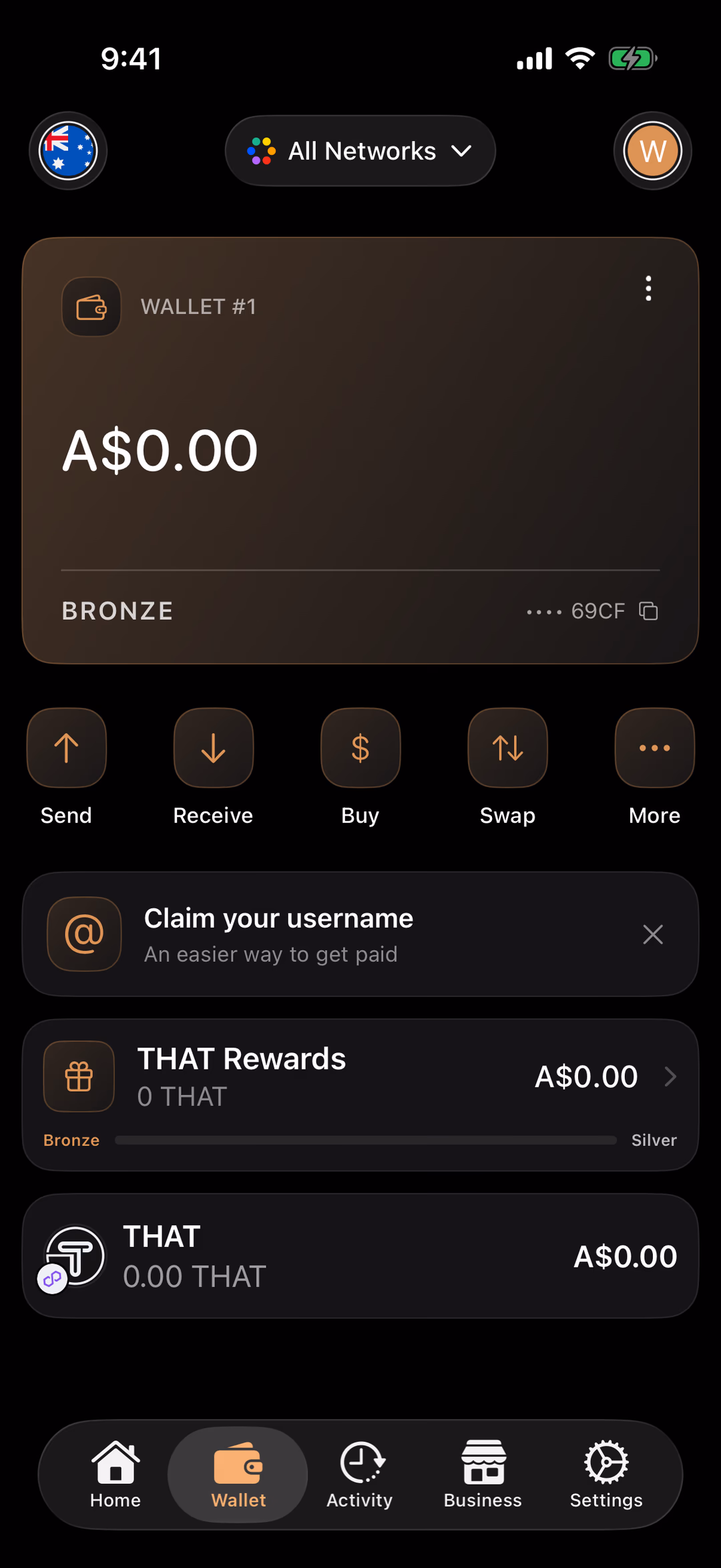 The THAT app's Wallet tab, with the Buy button highlighted