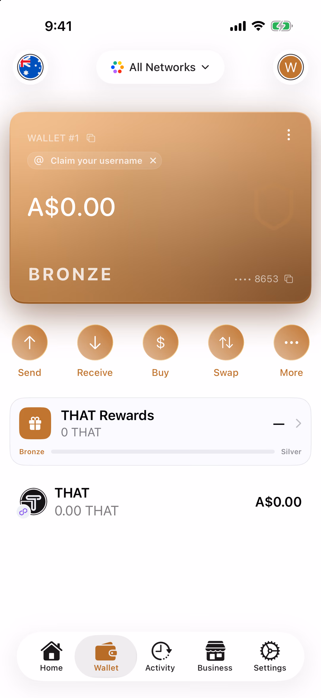 Your new wallet's home screen, with Receive highlighted