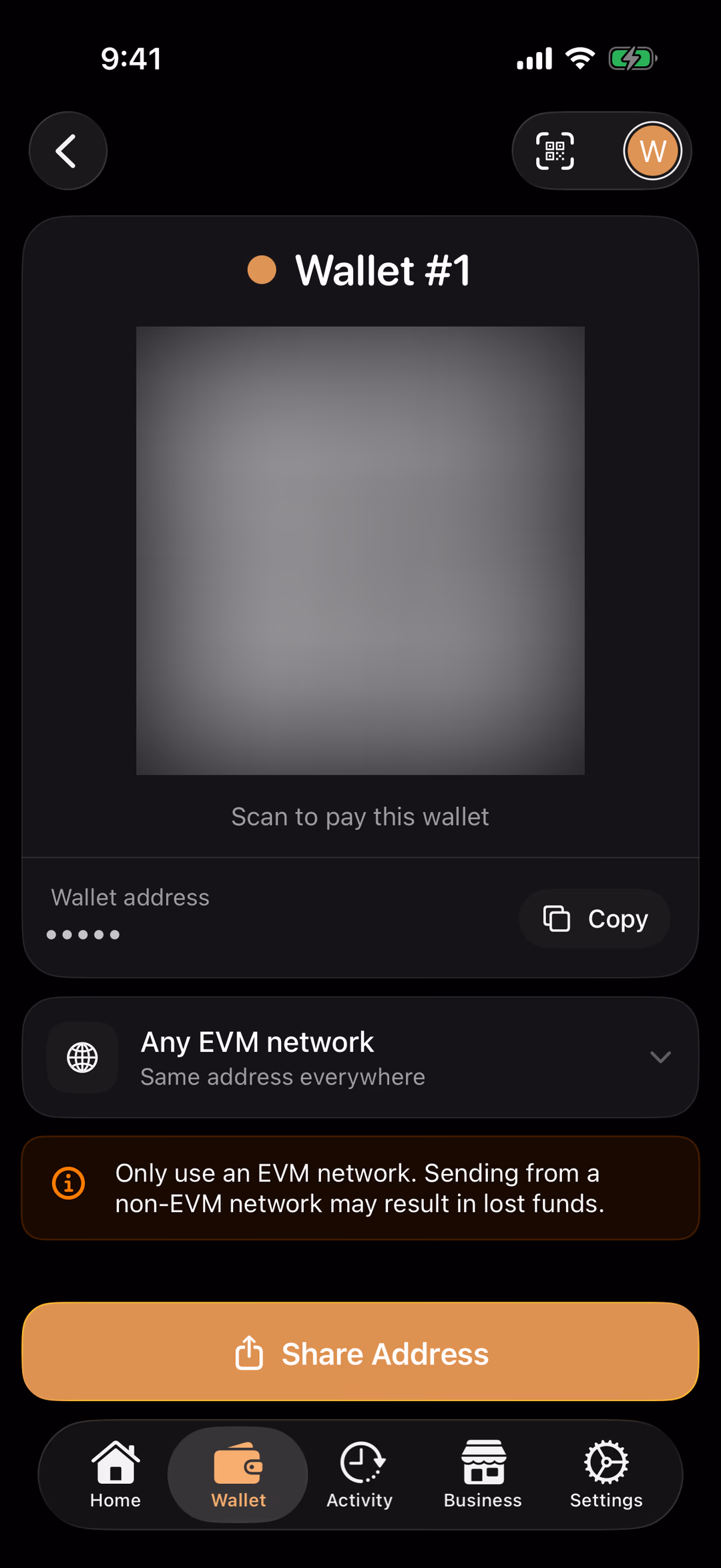 The THAT app's Receive screen, where your wallet address is