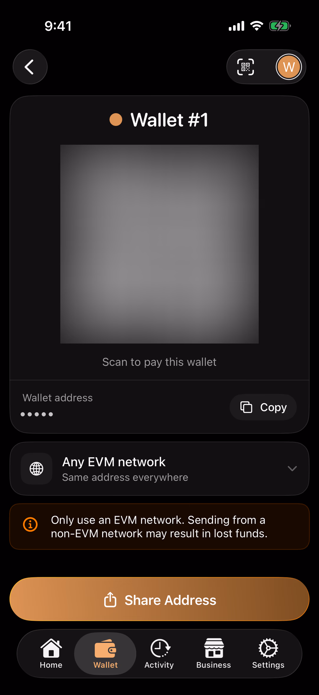 The Receive screen, with the wallet's QR code and address (hidden in this picture)