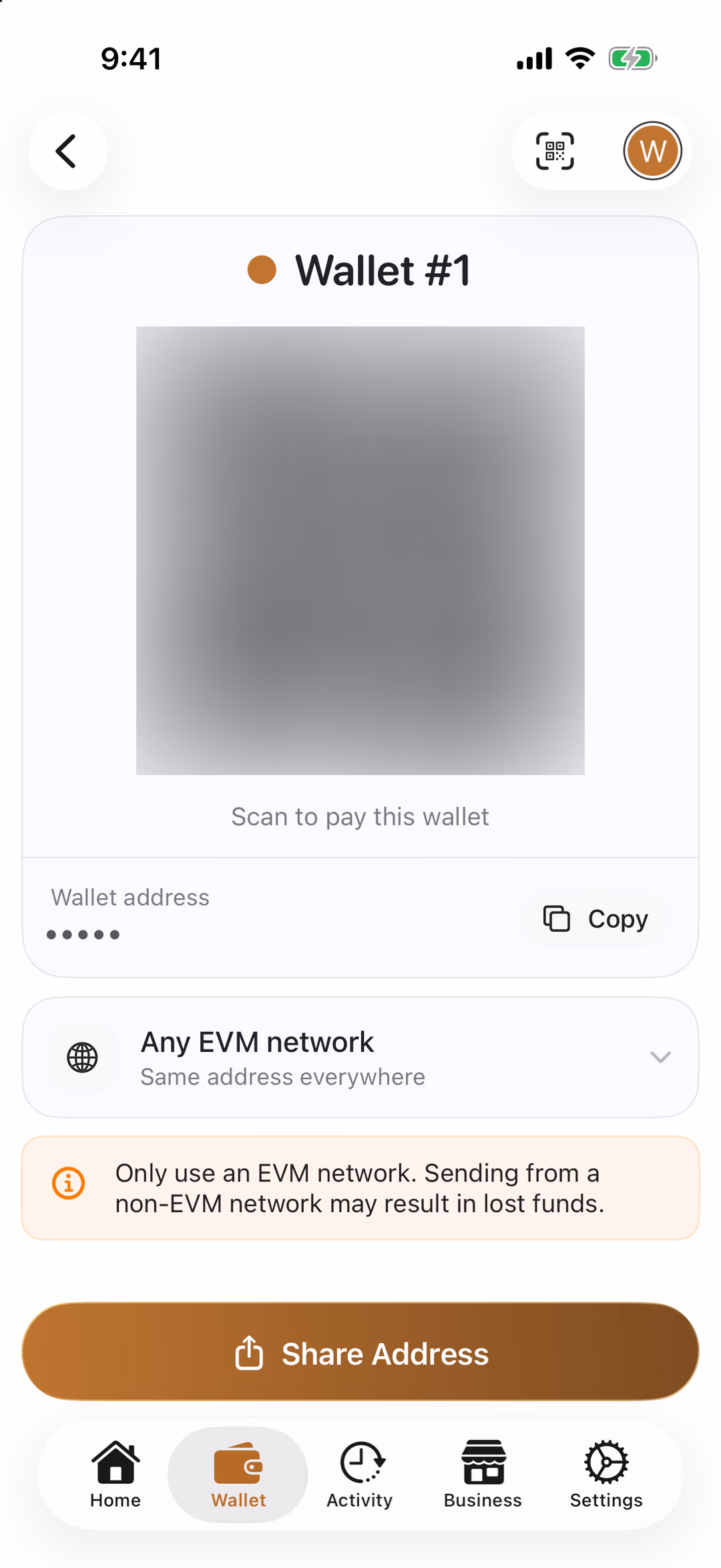 The Receive screen, with the wallet's QR code and address (hidden in this picture)