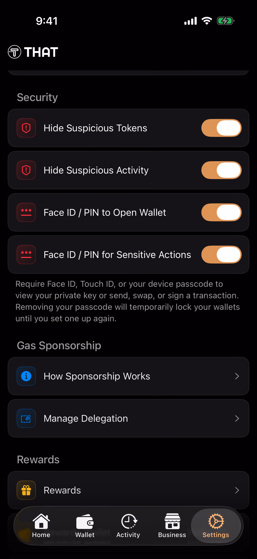 The THAT app's Settings tab at the Security section: Hide Suspicious Tokens, Hide Suspicious Activity, Face ID / PIN to Open Wallet and Face ID / PIN for Sensitive Actions, all switched on