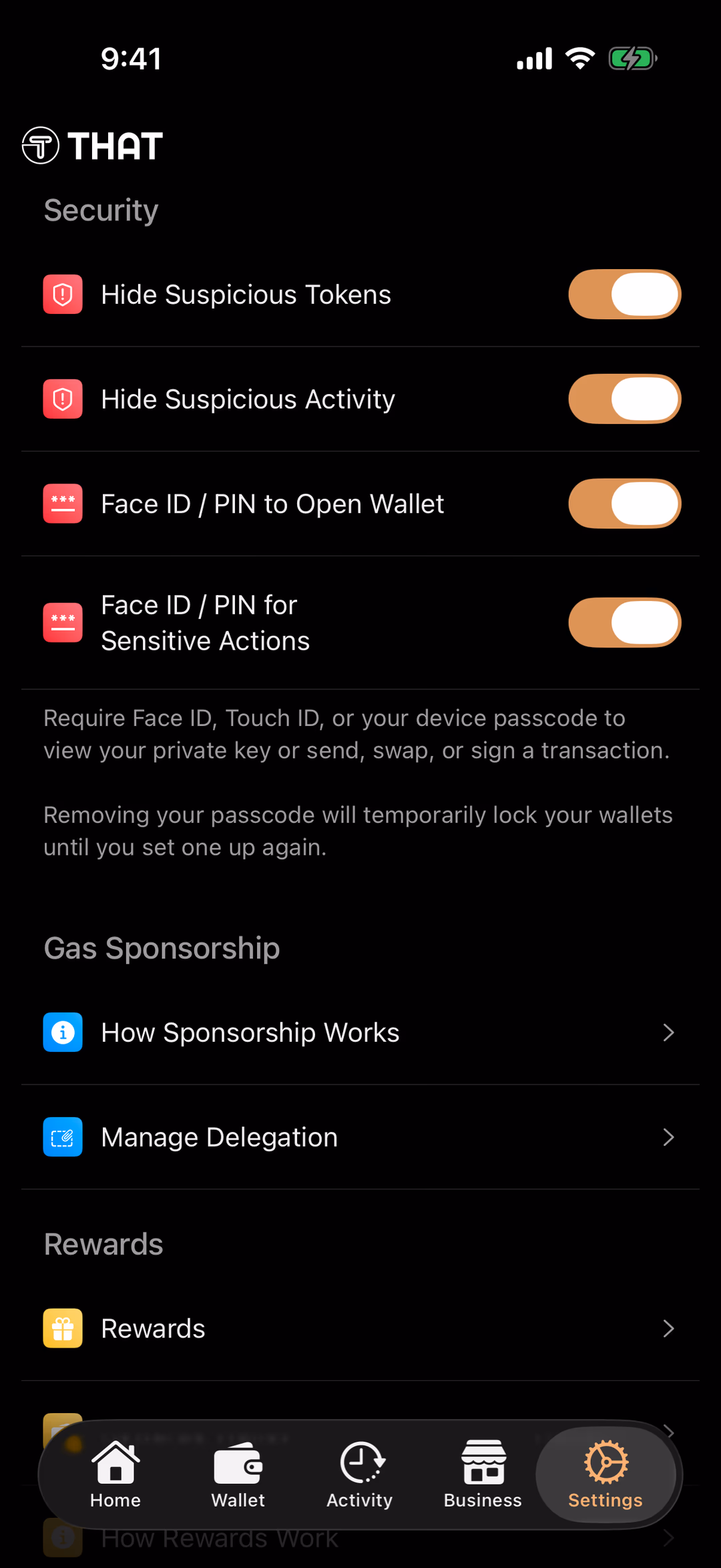 Settings, Security: Face ID / PIN to Open Wallet and Face ID / PIN for Sensitive Actions both switched on