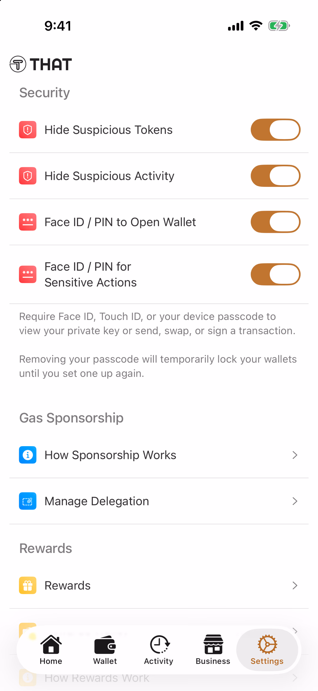Settings, Security: Face ID / PIN to Open Wallet and Face ID / PIN for Sensitive Actions both switched on