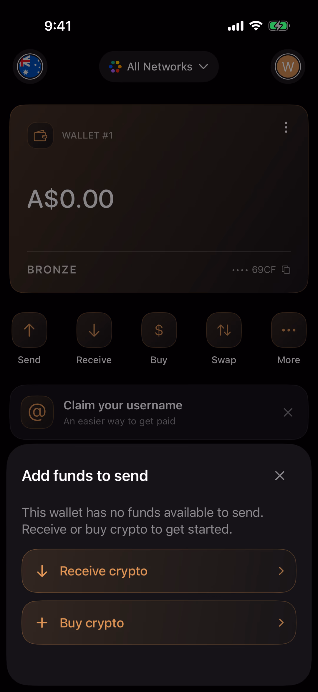 The Add funds to send sheet over the Wallet tab, offering Receive crypto and Buy crypto