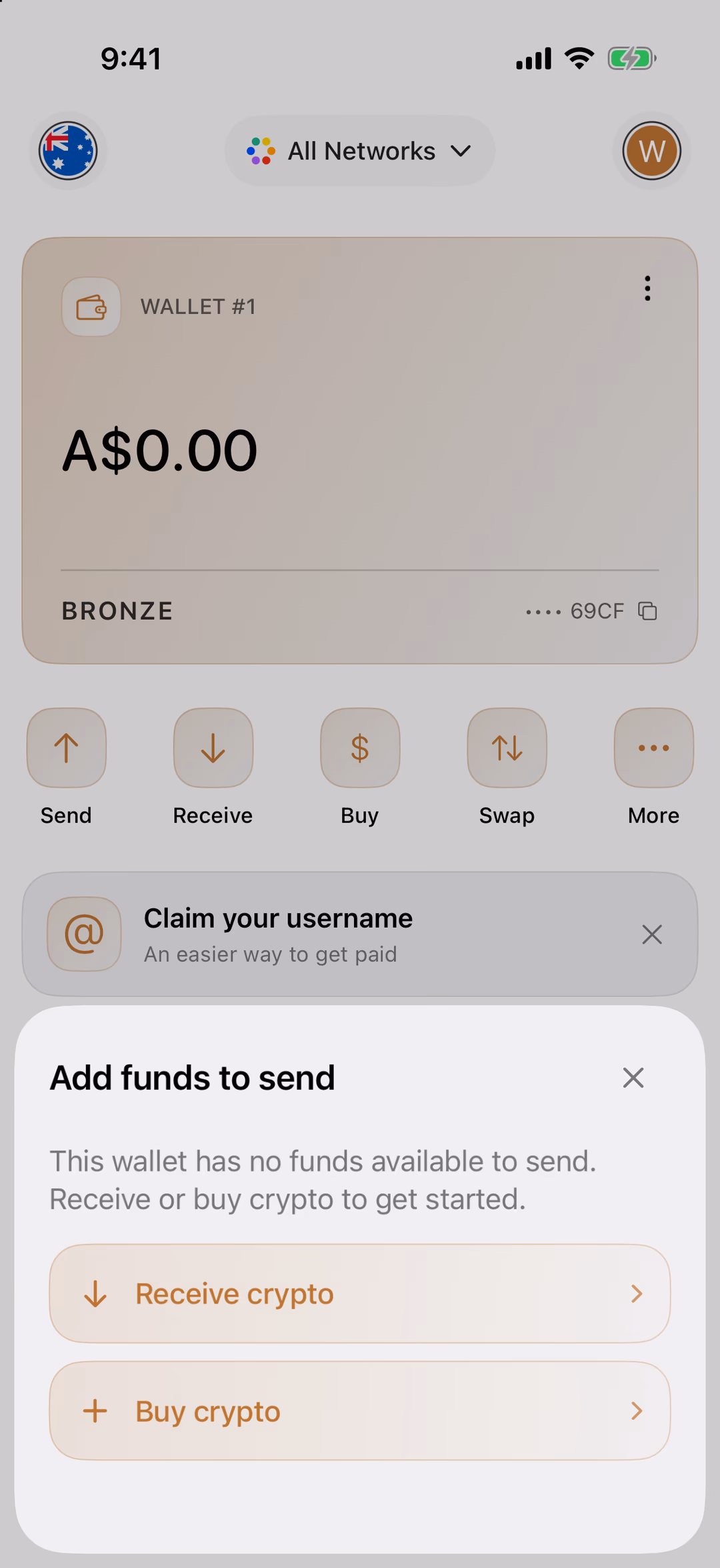 The Add funds to send sheet over the Wallet tab, offering Receive crypto and Buy crypto