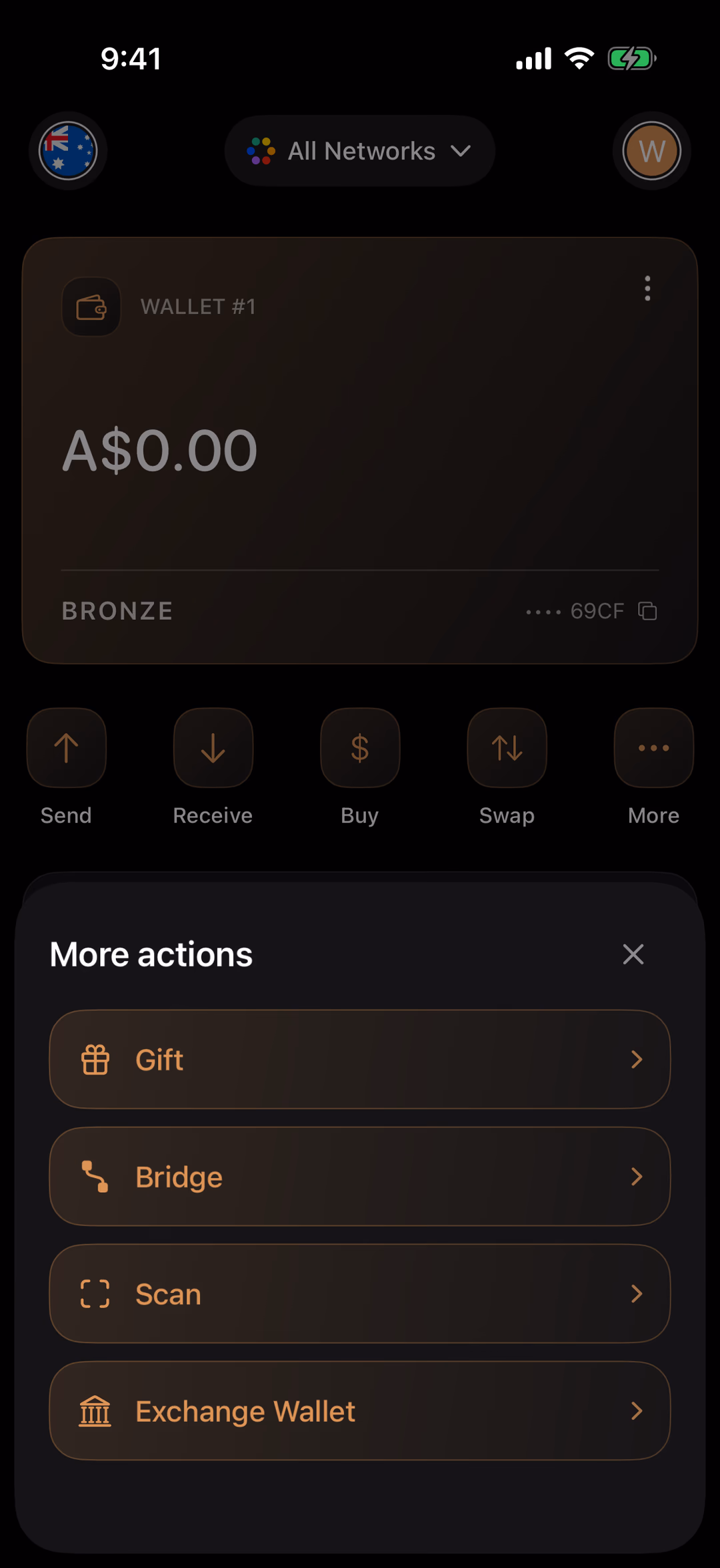 The More actions sheet over the Wallet tab: Gift, Bridge, Scan, Exchange Wallet