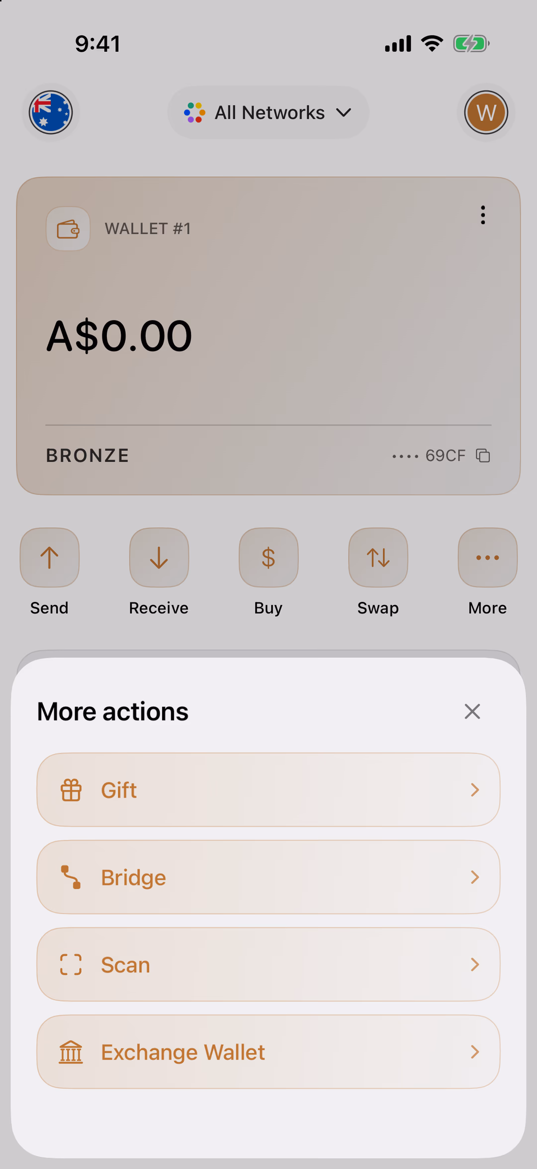 The More actions sheet over the Wallet tab: Gift, Bridge, Scan, Exchange Wallet