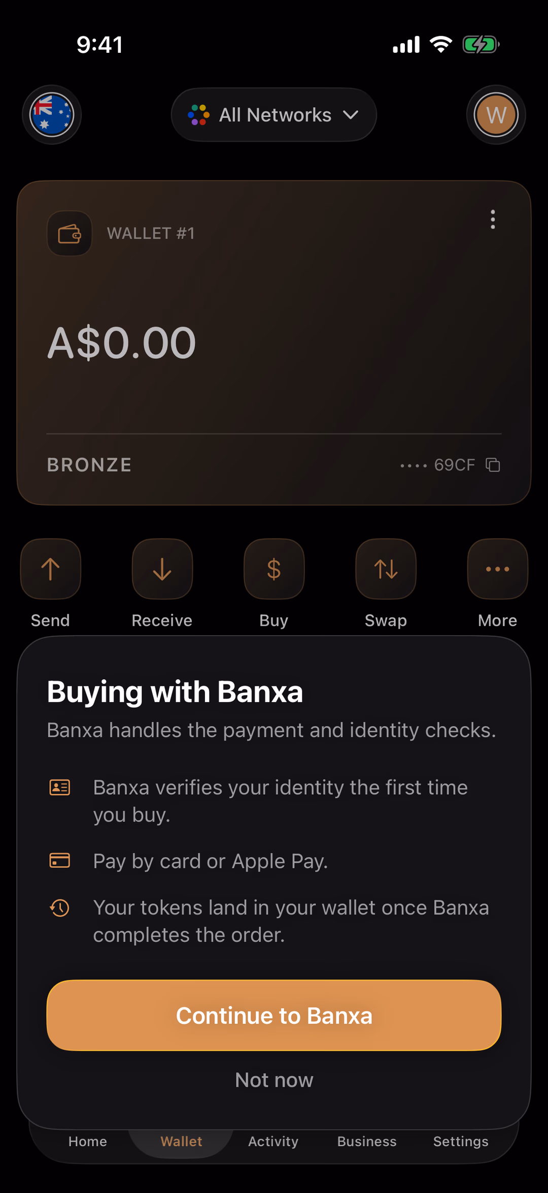 The Buying with Banxa notice over the Wallet tab: three points about identity checks, payment methods and delivery, a Continue to Banxa button and Not now