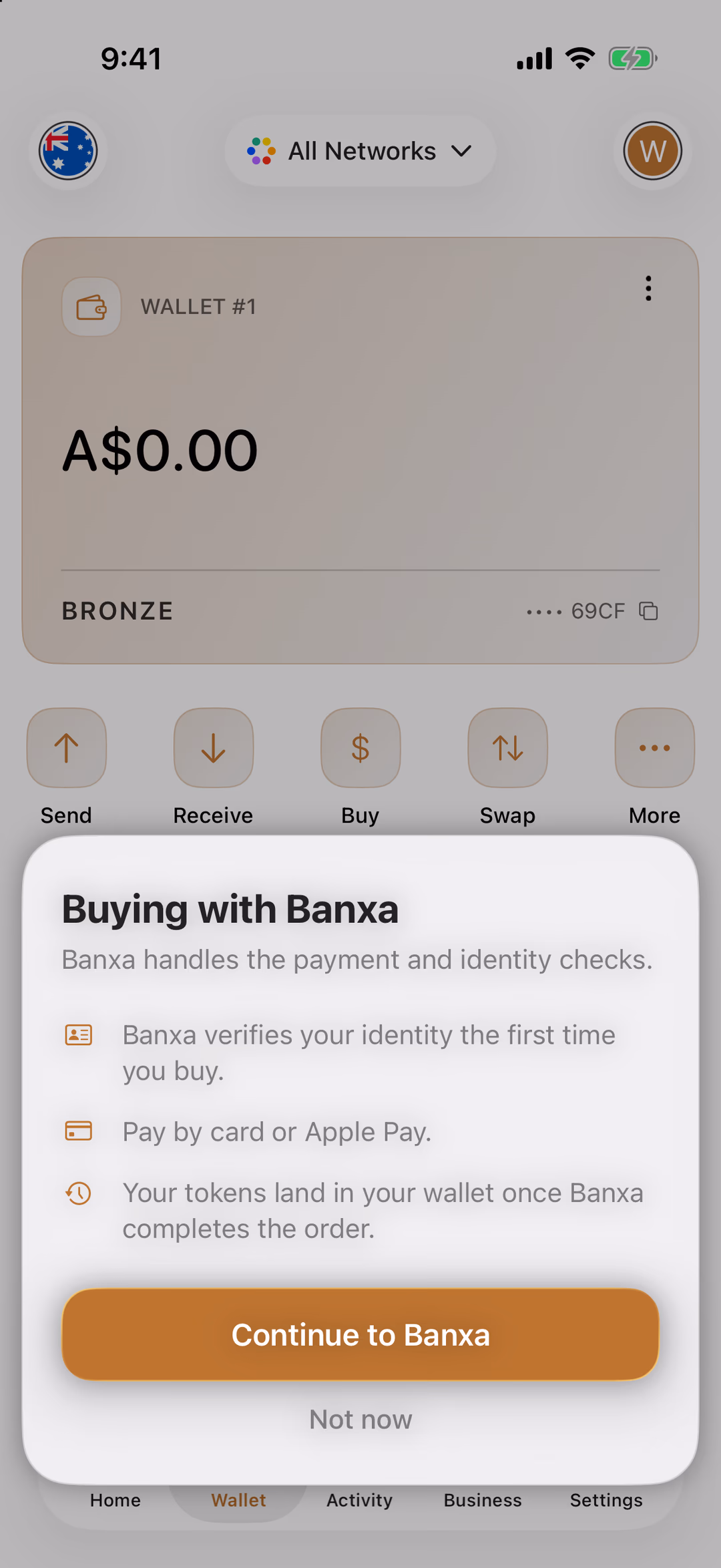 The Buying with Banxa notice, with Continue to Banxa highlighted