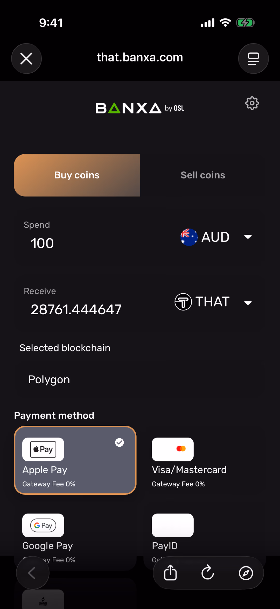 Banxa's checkout inside the THAT app: Buy coins, Spend 100 AUD, Receive THAT, Selected blockchain Polygon, and payment methods including Apple Pay, card, Google Pay and PayID