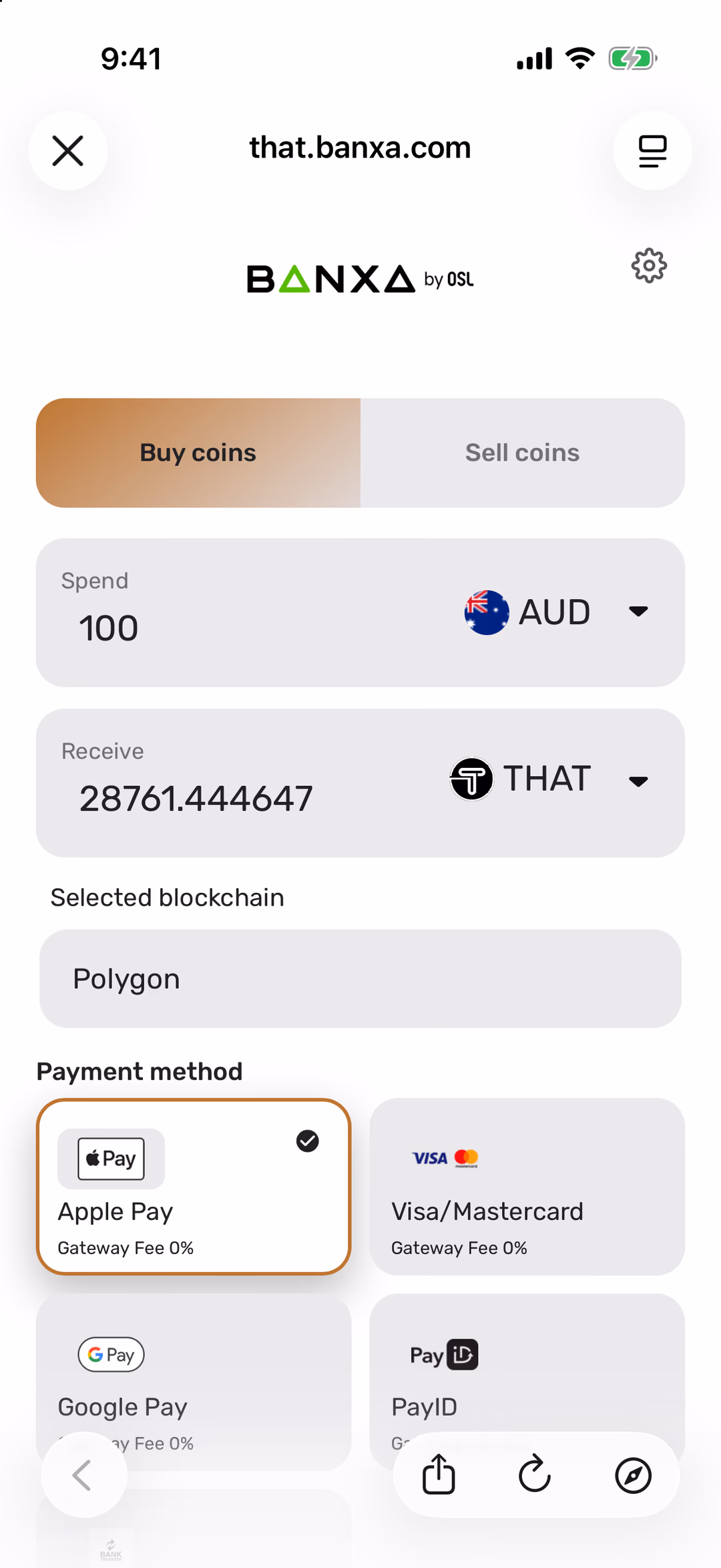 Banxa's checkout inside the THAT app: Buy coins, Spend 100 AUD, Receive THAT, Selected blockchain Polygon, and payment methods including Apple Pay, card, Google Pay and PayID