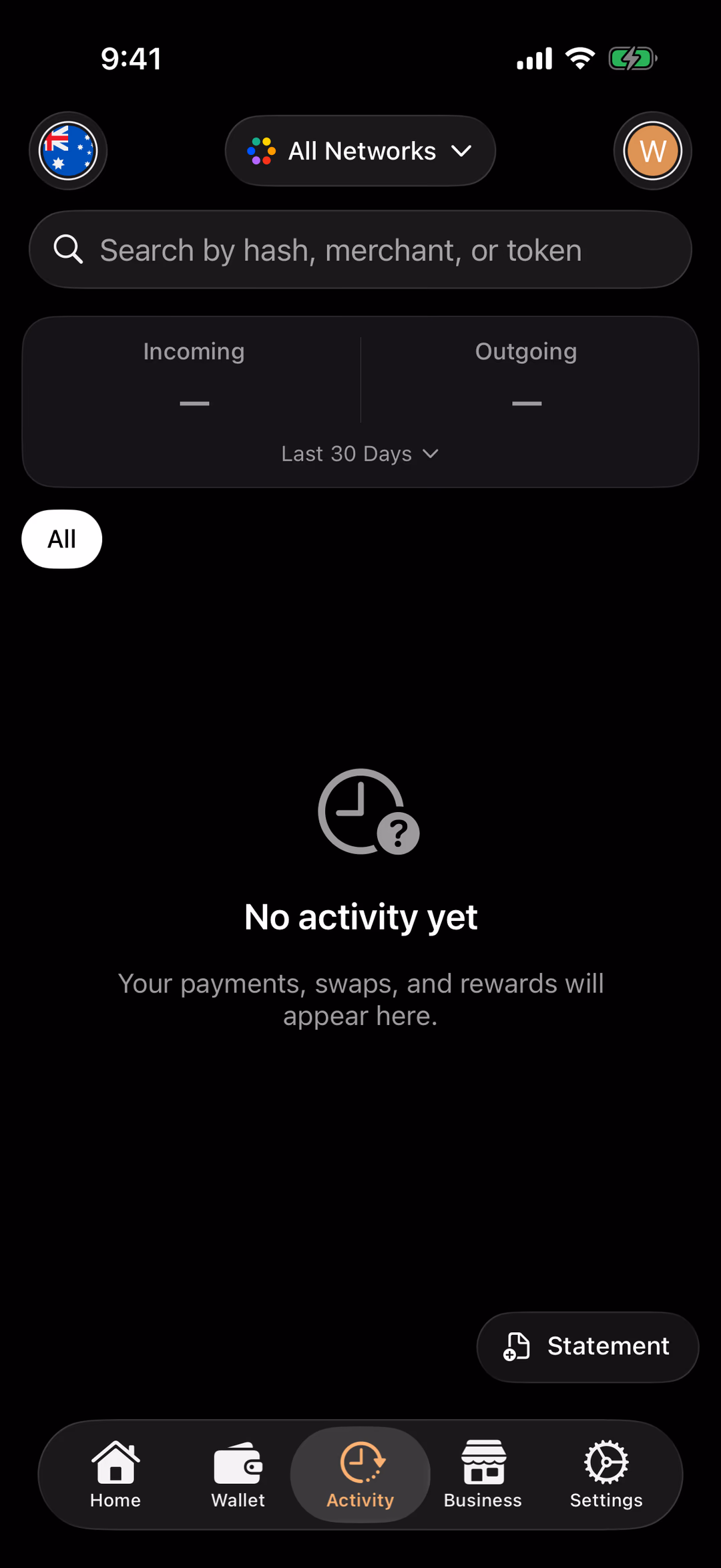 The THAT app's Activity tab on a new wallet: a search bar, a Net Flow and Total Balance card, an All filter, the No activity yet message, and a Statement button