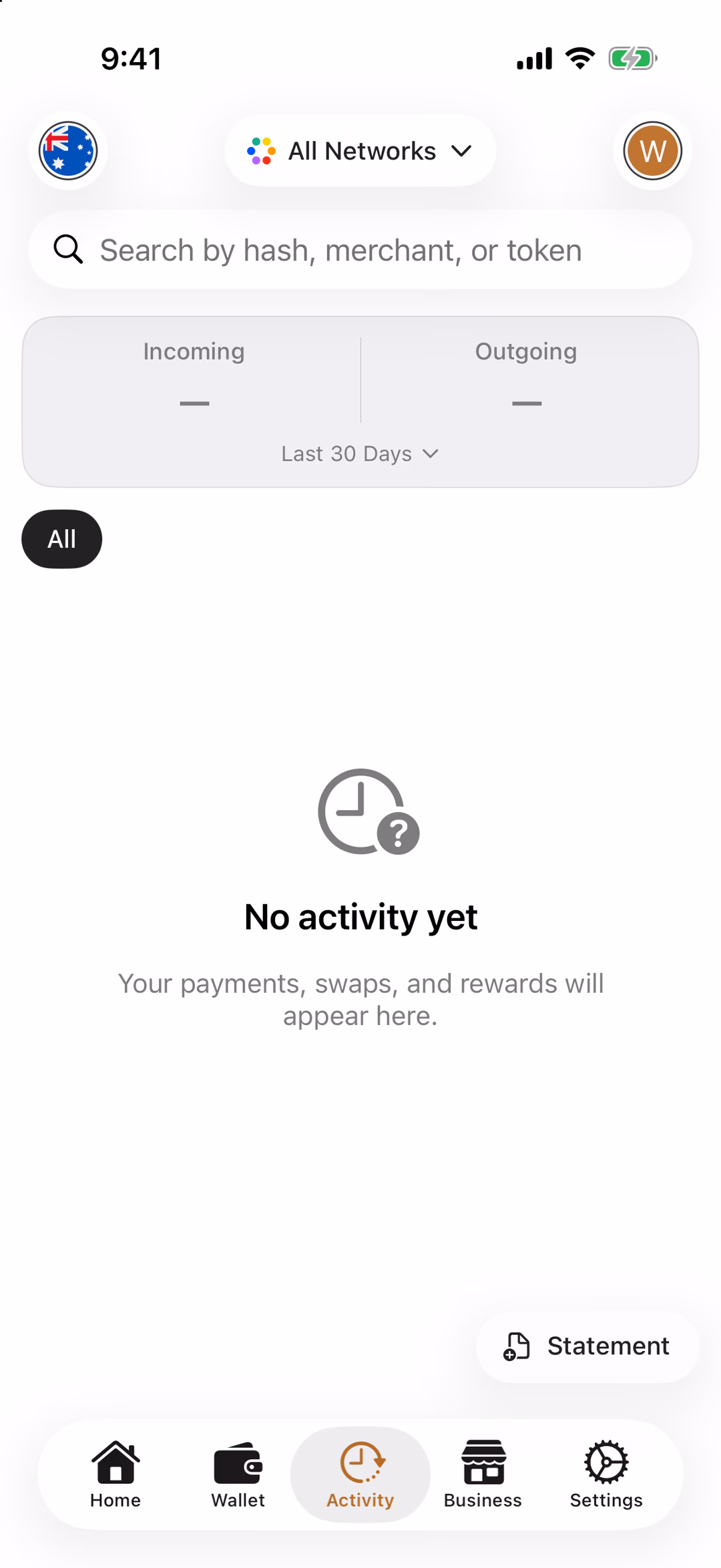 The THAT app's Activity tab on a new wallet: a search bar, a Net Flow and Total Balance card, an All filter, the No activity yet message, and a Statement button