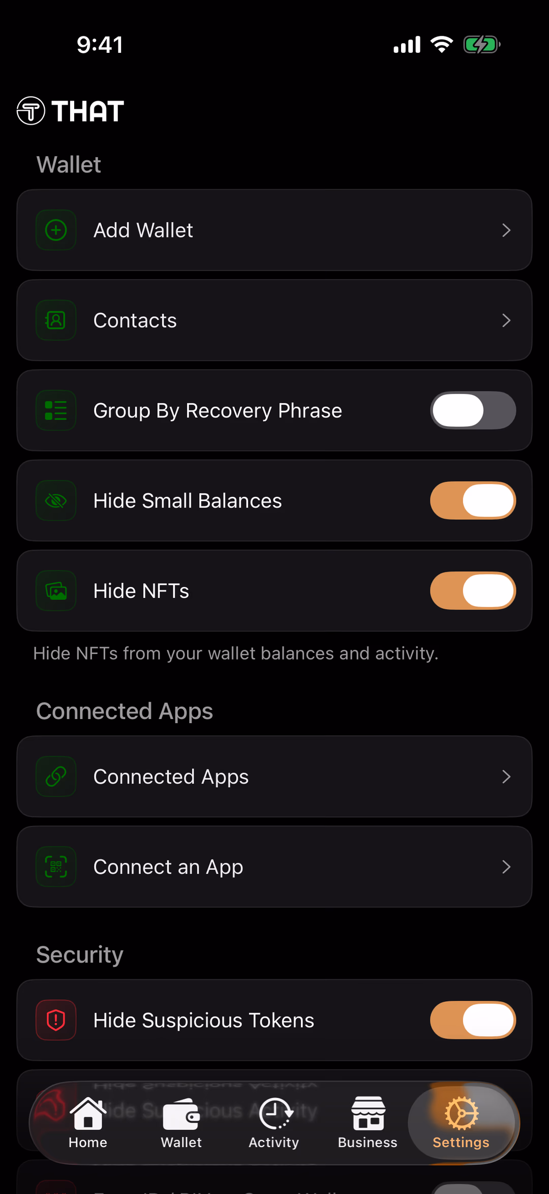 The THAT app's Settings tab: Wallet rows (Add Wallet, Contacts, Group By Recovery Phrase, Hide Small Balances, Hide NFTs), Connected Apps, and the start of Security