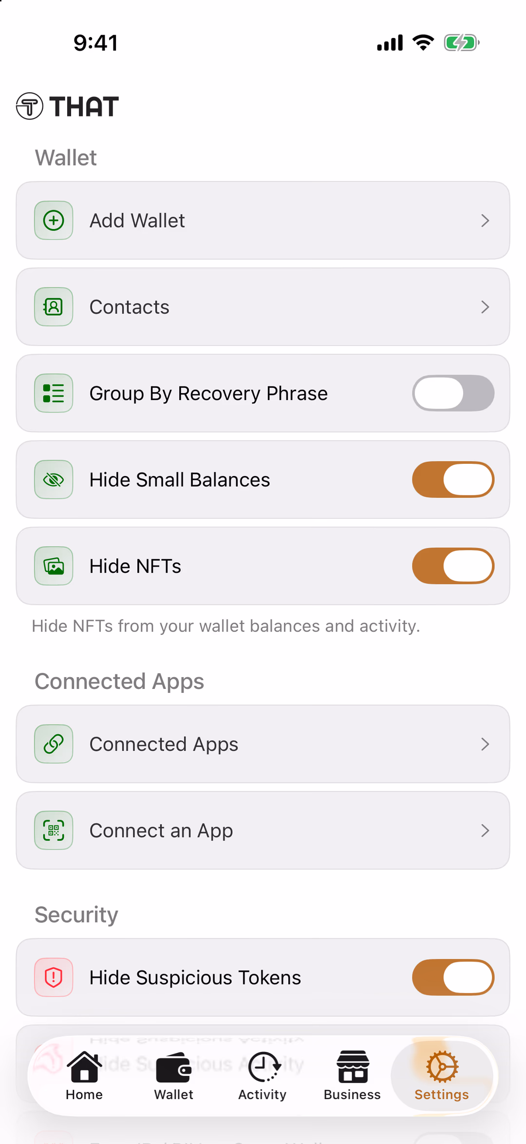 The THAT app's Settings tab: Wallet rows (Add Wallet, Contacts, Group By Recovery Phrase, Hide Small Balances, Hide NFTs), Connected Apps, and the start of Security