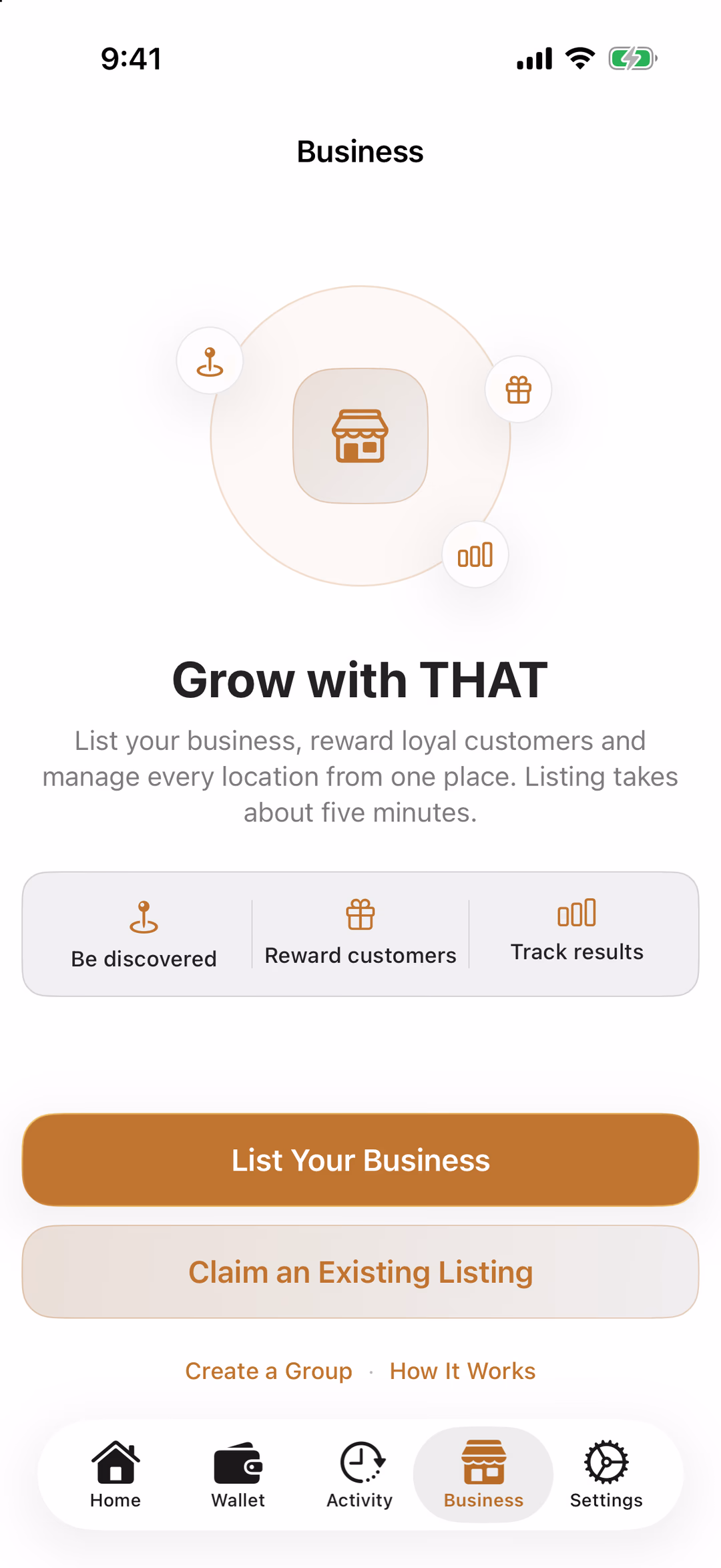 The THAT app's Business tab: Grow with THAT, three benefits, List Your Business, Claim an Existing Listing, and links to Create a Group and How It Works