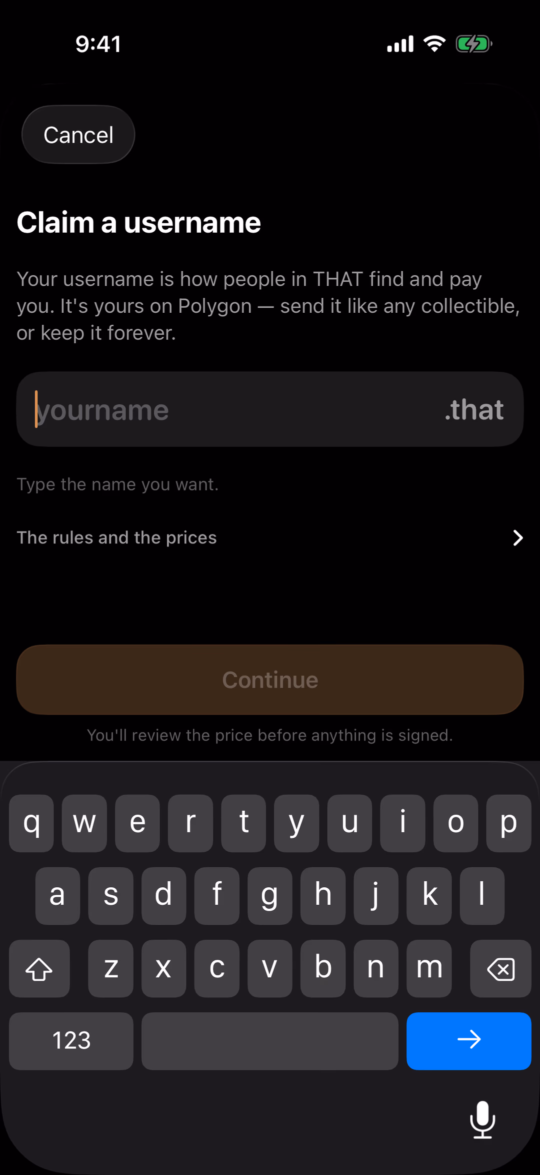 The Claim a username sheet: a name field ending in .that, a link to the rules and prices, and a Continue button