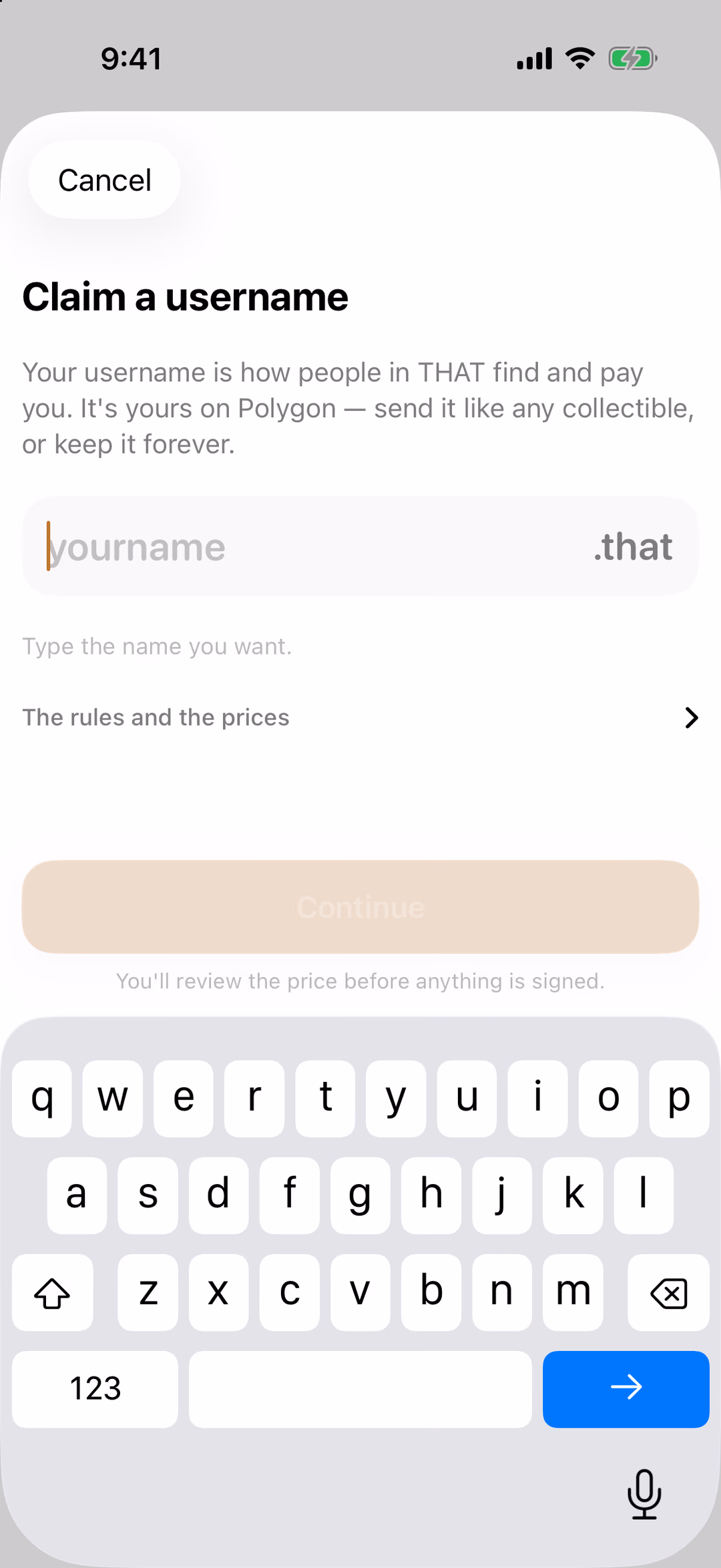 The Claim a username sheet: a name field ending in .that, a link to the rules and prices, and a Continue button