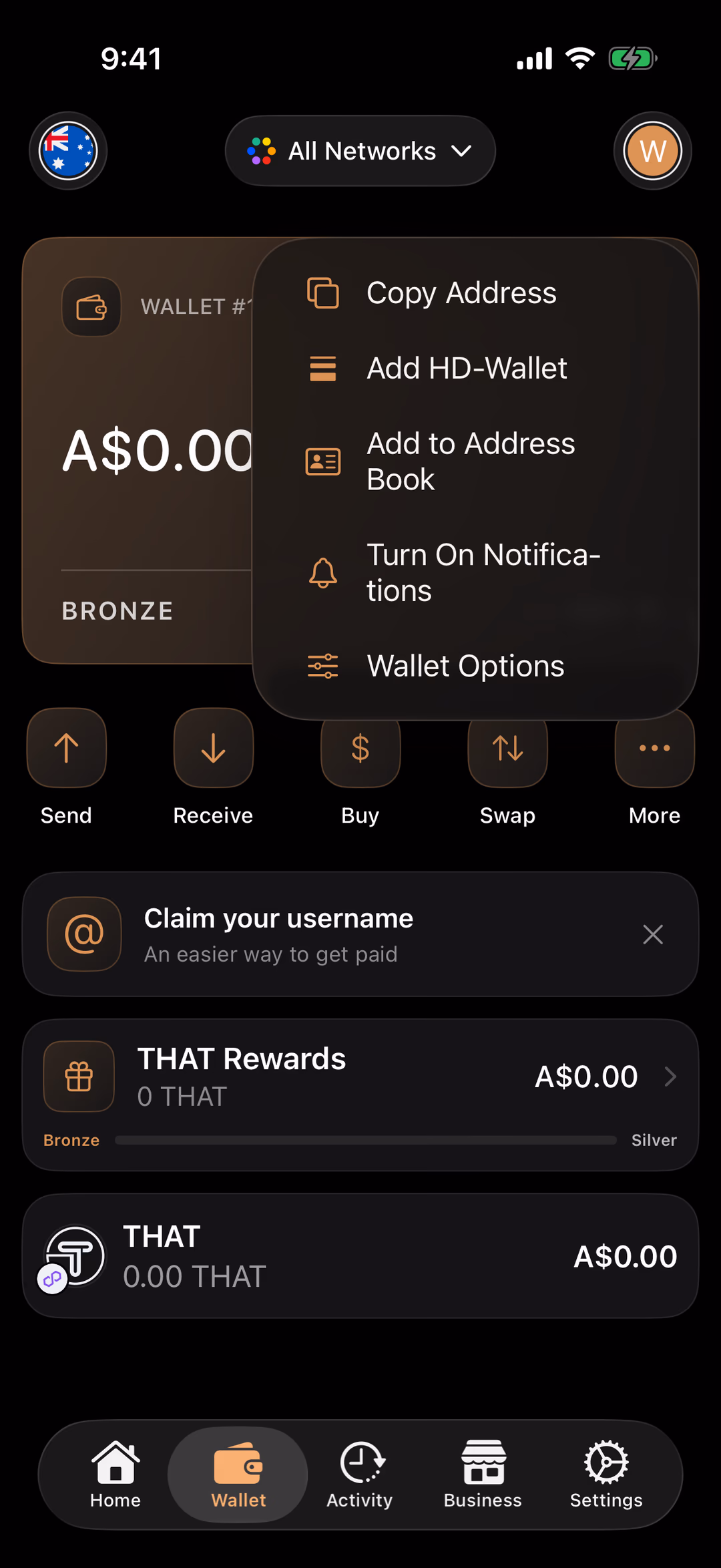 The wallet card's menu open over the Wallet tab: Copy Address, Add HD-Wallet, Add to Address Book, Turn On Notifications, Wallet Options