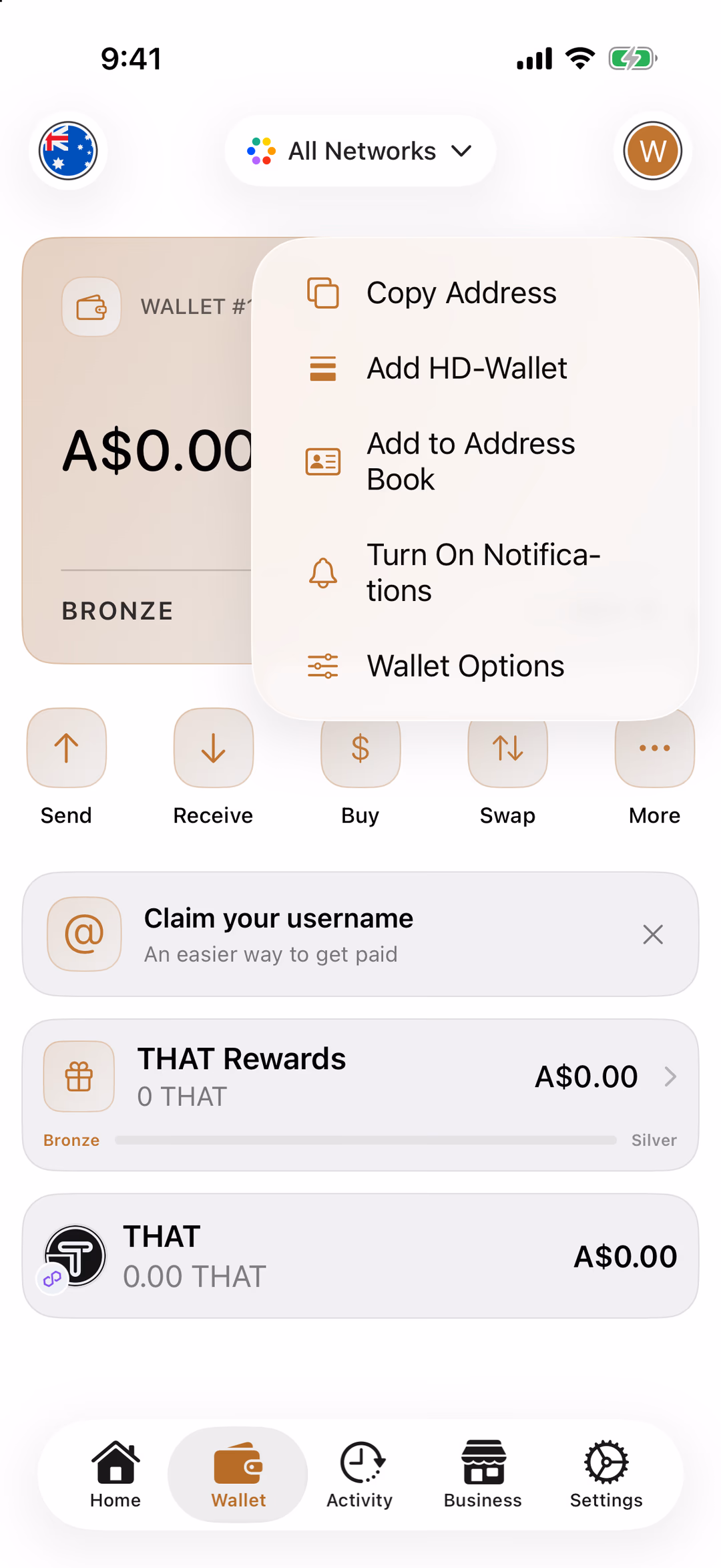 The wallet card's menu open over the Wallet tab: Copy Address, Add HD-Wallet, Add to Address Book, Turn On Notifications, Wallet Options
